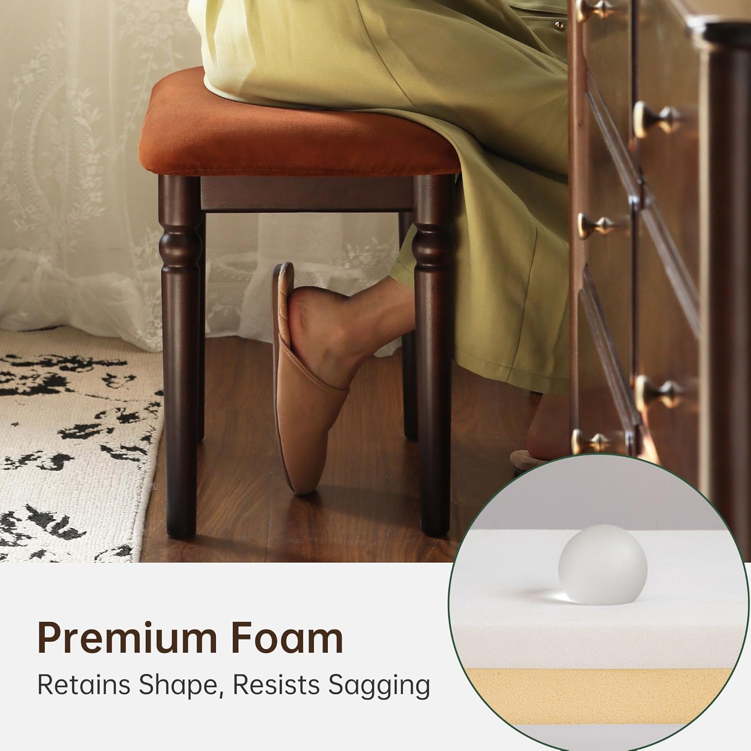 YESWOOD Small Vanity Stool Chair, Beech Wood American Vintage Style Makeup Chair, Footstool for Bedroom, Dining Room, Entryway, Walnut