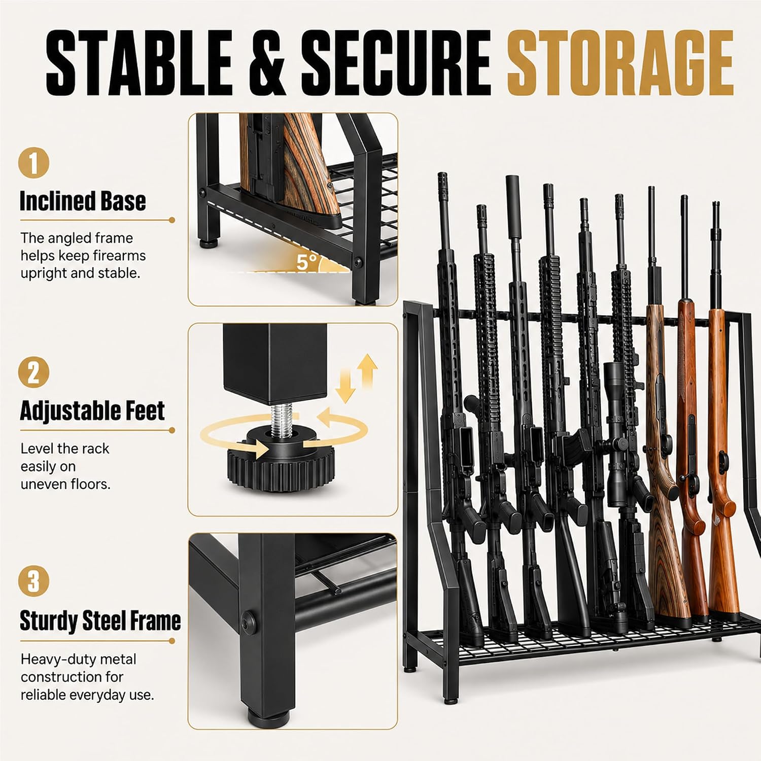 Gun Racks Heavy Duty Metal Storage Shelf Holds up 9 Long Guns | Rifle Floor Stand Black Indoor Vertical Shotgun Display Stand for garage Retail Shop,Storage Vertical Shotgun Display