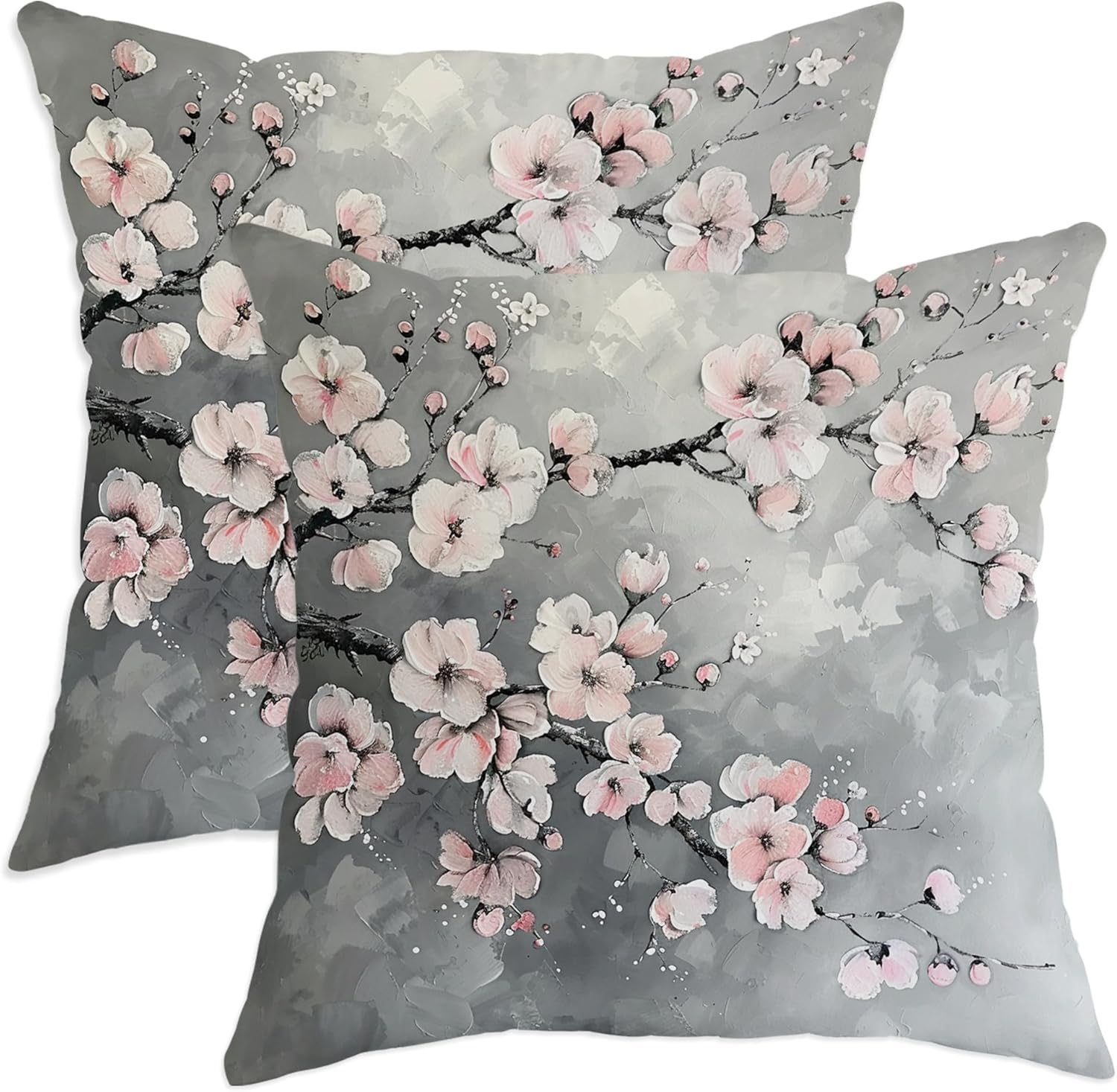 Spring Romantic Cherry Blossom Pillow Covers Set of 2, Grey Modern Elegant Japanese House Decorations Throw Pillow Cases, Decorative Floral Decor Cushion Covers for Home Sofa Bed Couch 28x28 Inch