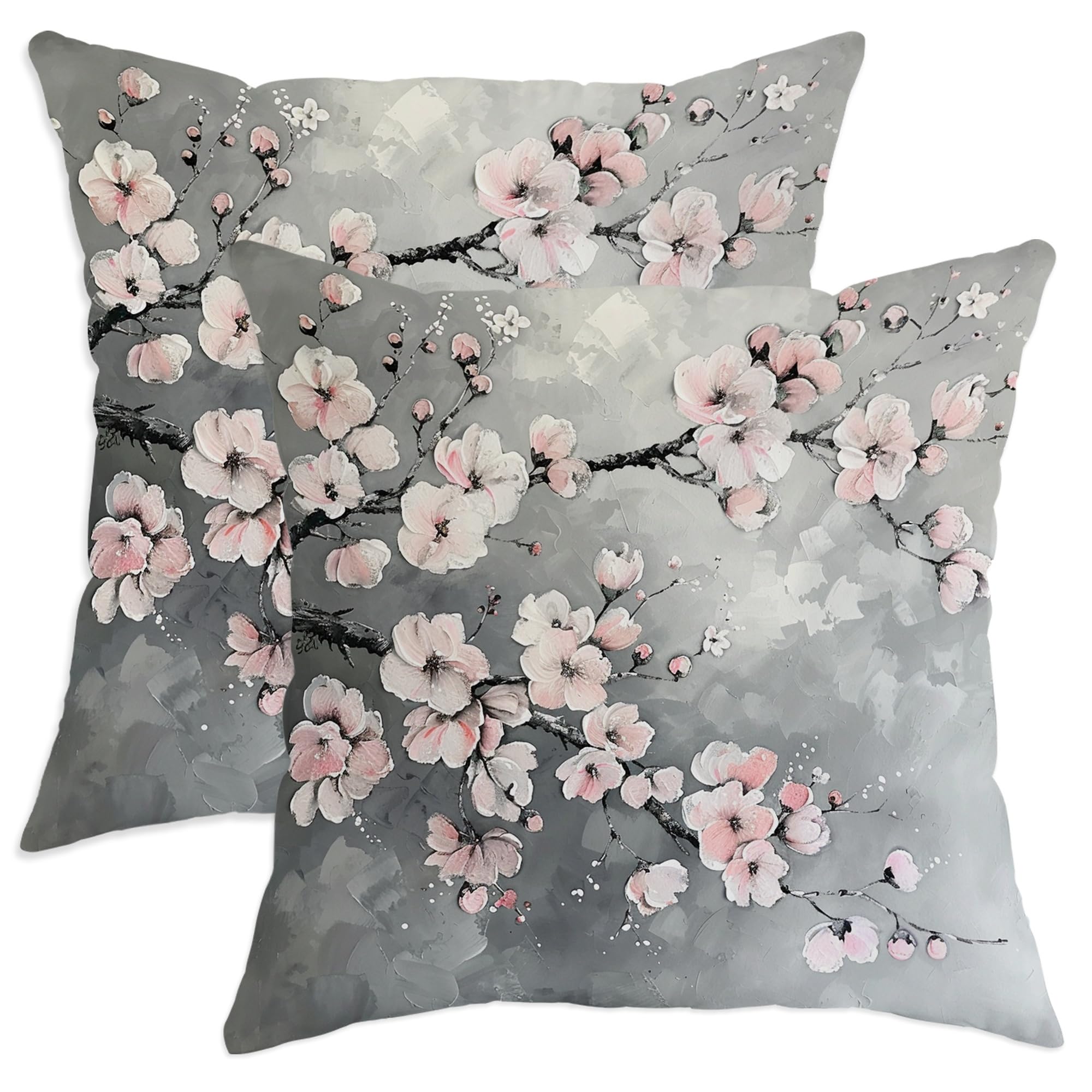 Spring Romantic Cherry Blossom Pillow Covers Set of 2, Grey Modern Elegant Japanese House Decorations Throw Pillow Cases, Decorative Floral Decor Cushion Covers for Home Sofa Bed Couch 12x12 Inch