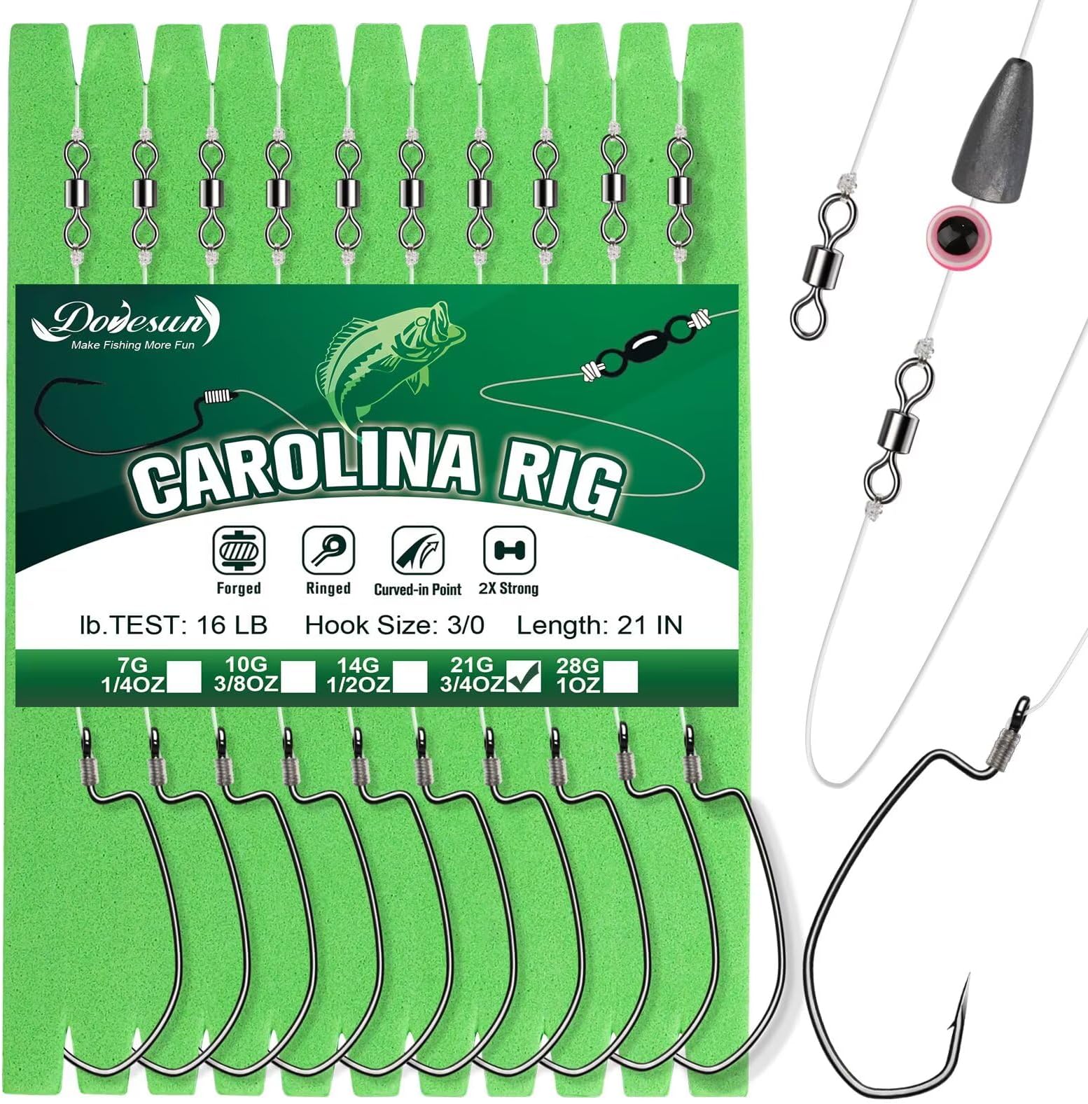 Dovesun 10PCS Ready Tied Carolina Rig Kit for Bass Fishing Free Rig Catfish Rig Fishing Rigs Kit with Bass Hooks Swivel Fluorocarbon Fishing Line Fishing Weights