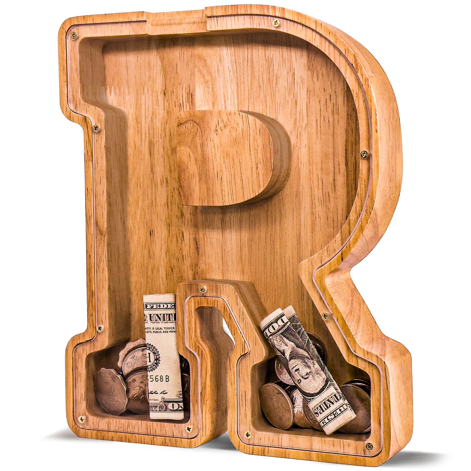 JOOMLAFLY Wooden Letter Piggy Bank for Kids Larger Letter Piggy Bank for Boys and Girls Personalized Piggy Bank Initial Coin Bank Wood Kids Money Bank for Birthday and Festival