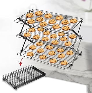 3-Tier Collapsible Cooling Rack Expandable & Collapsible Cookie Wire Baking Foldable Cooling Racks Premium Quality And Sturdy Legs Ideal For Baking Supplies, 10''x16''x12'', Black
