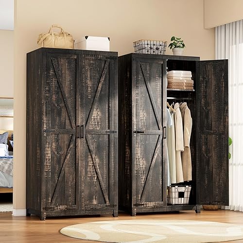Miniatura 12 de Armario grande de 70" con barra para colgar, armario de ropa estilo granja con 2 puertas estilo granero, armarios altos de madera para dormitorio