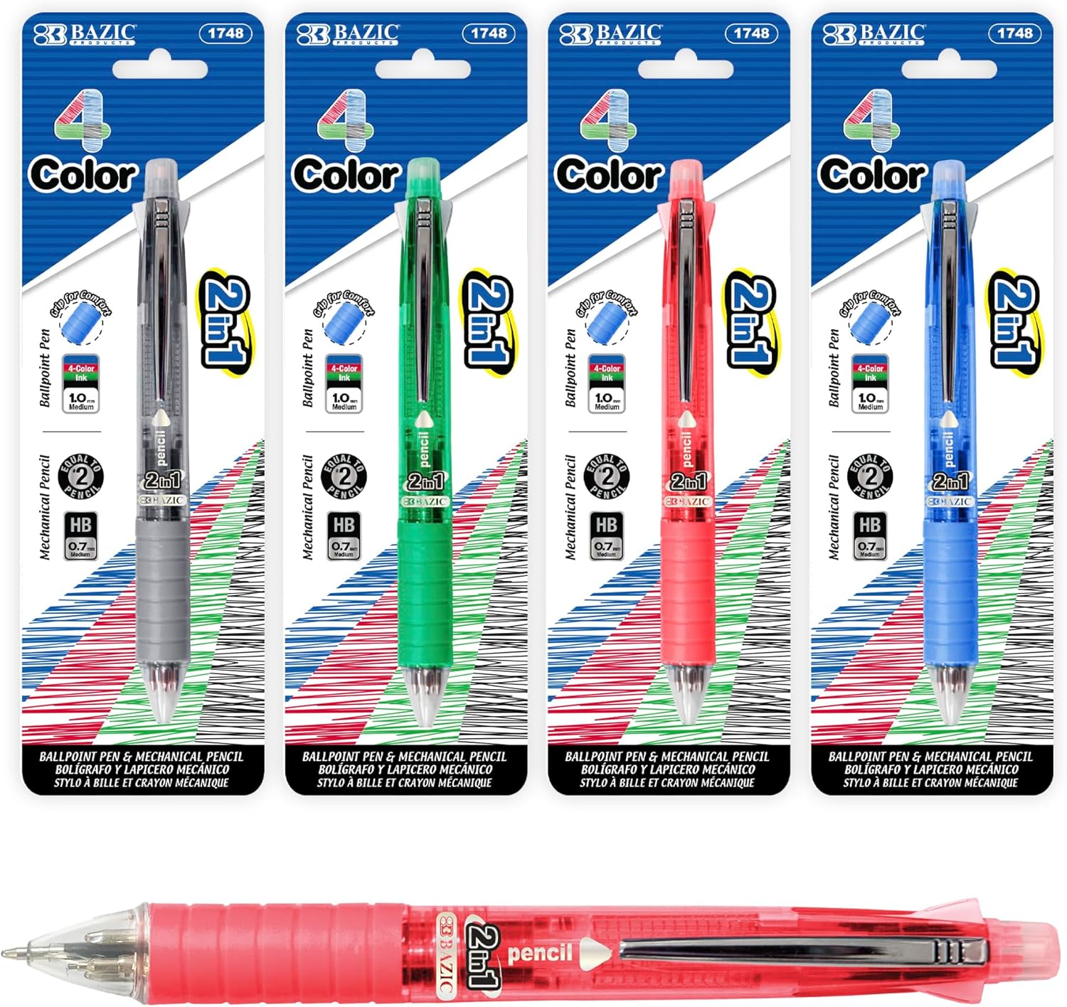 BAZIC PRODUCTS 4 + 1 Ballpoint Pen + Mechanical Pencil w/Soft Grip, Bold Point 1.0 mm, 0.7mm Lead, Assorted Colors Inks, Smooth Writing, 24-Pack