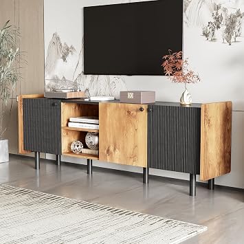 Vintage TV Stand with 3 Cabinets & Open Compartment, Entertainment Center TV Cabinet with Storage, Media Console Table for TVs up to 70, for Living Room Home Theatre