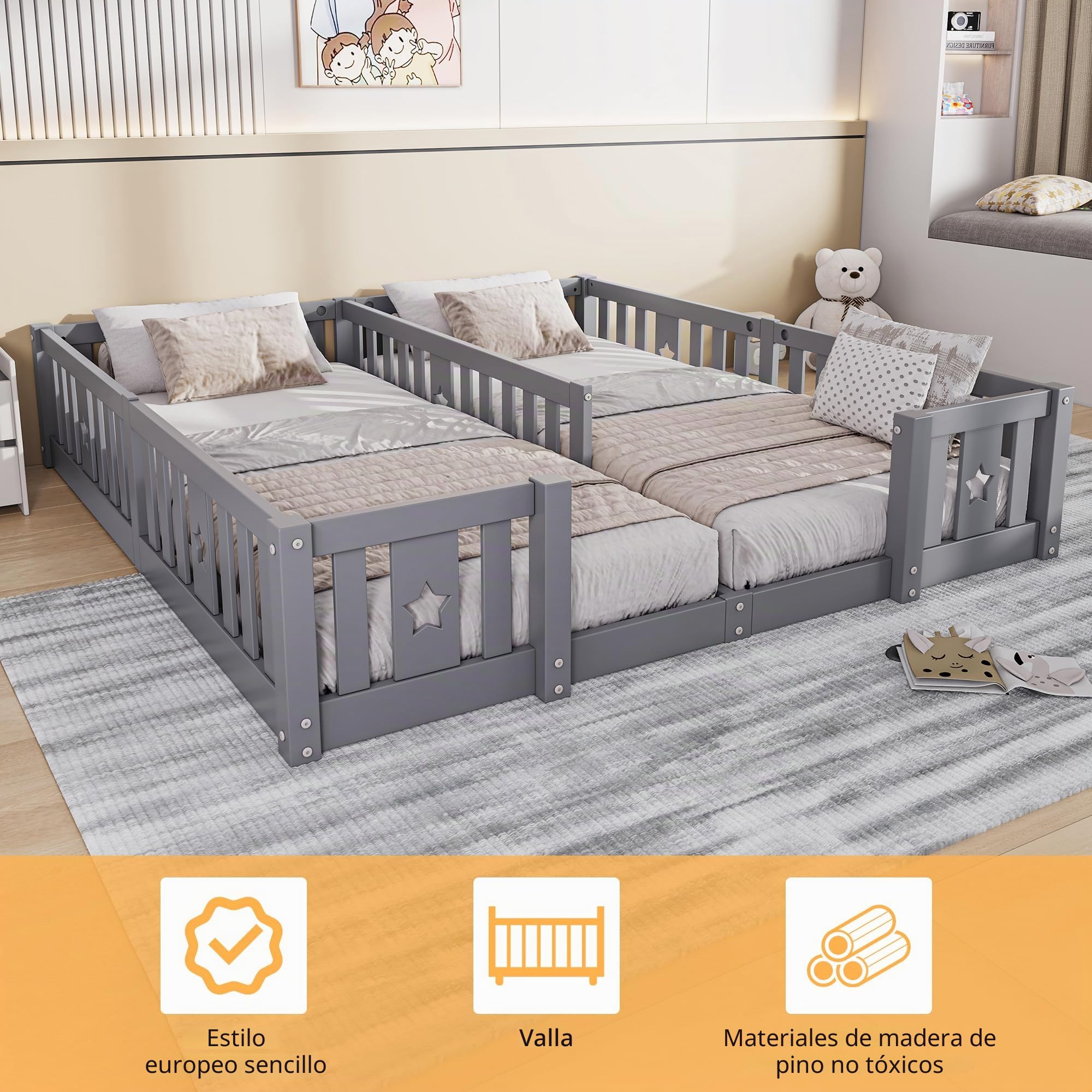 Cama Montessori Doble 2x90x200 para Niños, Cama Infantil con Barandillas de Seguridad, Cama Suelo de Madera, Cama para Hermanos para Dormitorio Infantil, Sin Listones, Gris