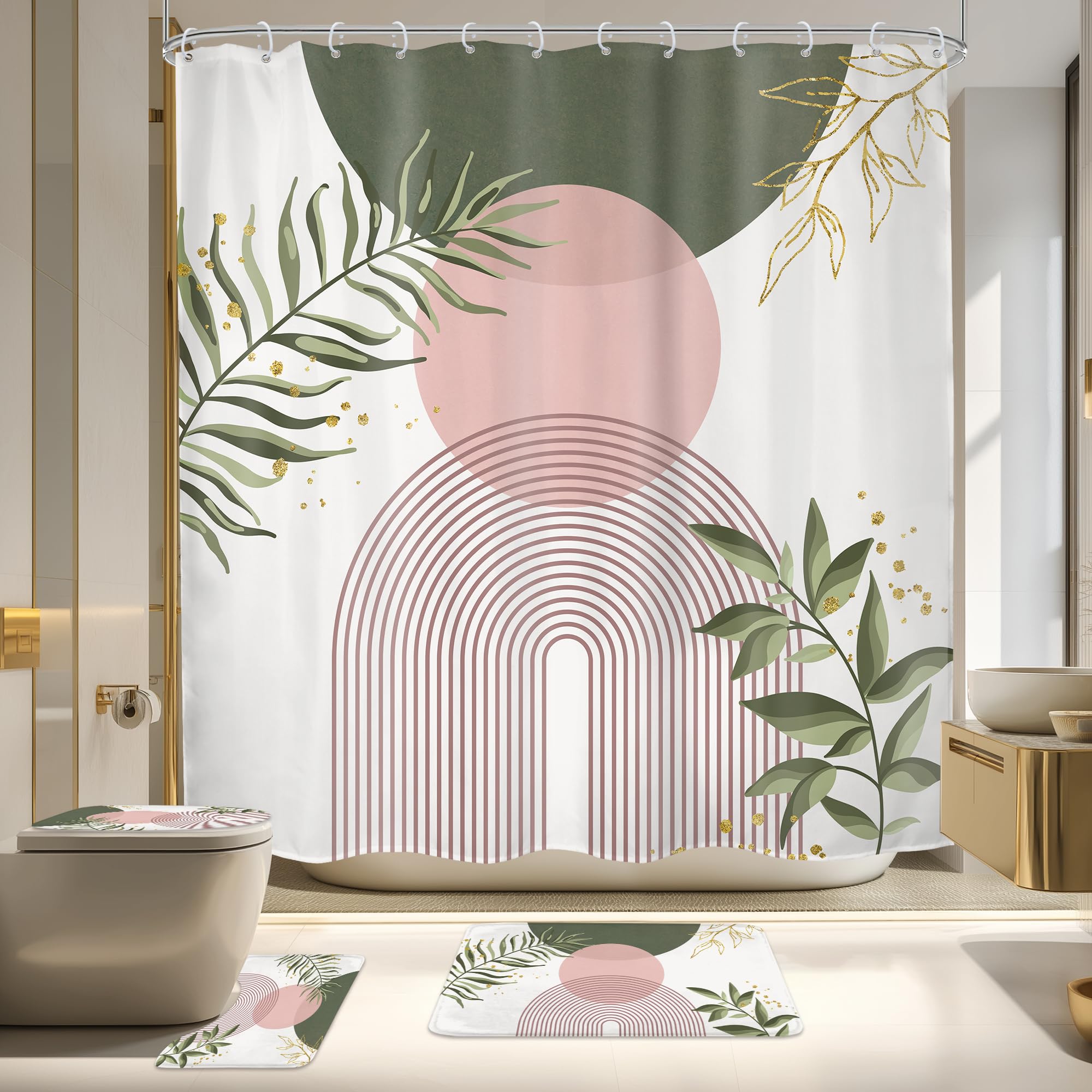 Mitpok 4 PCS Pink Sage Green Boho 72Wx72H Shower Curtain Set Modern Mid Century Plant Bath Rug Toilet Lid Cover Nonslip U Shape Mat Quick Dry Bathroom