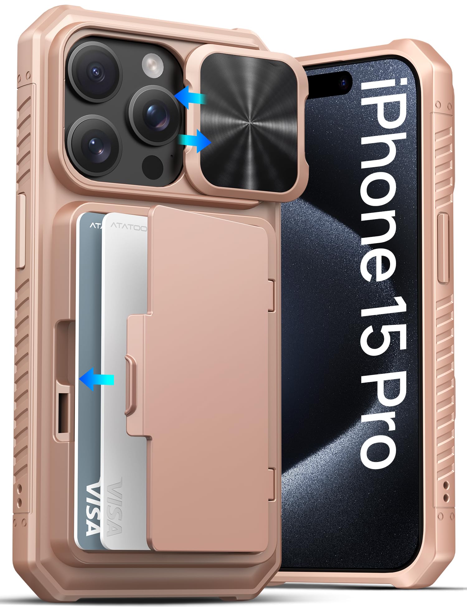 ATATOO for iPhone 15 Pro Case Wallet, Card Holder (3-5 Cards), Rose Gold