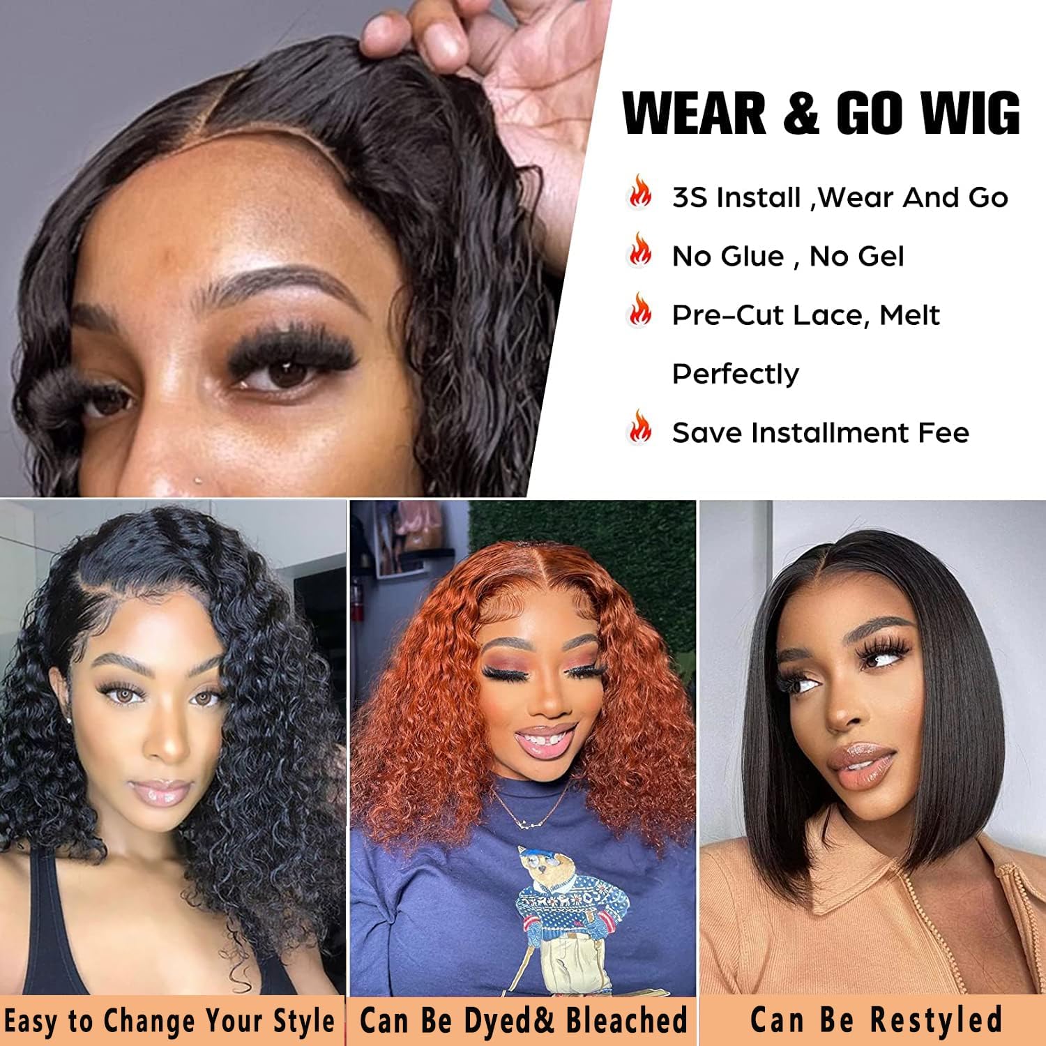 Glueless Wigs Human Hair Pre Plucked with Baby Wear and Go for Beginners Deep Wave Bob Wig No Glue Cut 4x4 Lace Closure Black Women 14 Inch