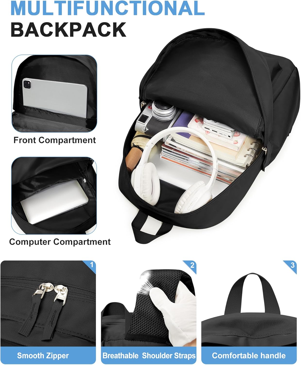 VGCUB Black School Backpacks Travel Book Bag Waterproof Work Light Aesthetic College Backpack for School Girls Boys Teens Mochilas Escolares Para Niñas Casual Daypack for Women Men - Image 5