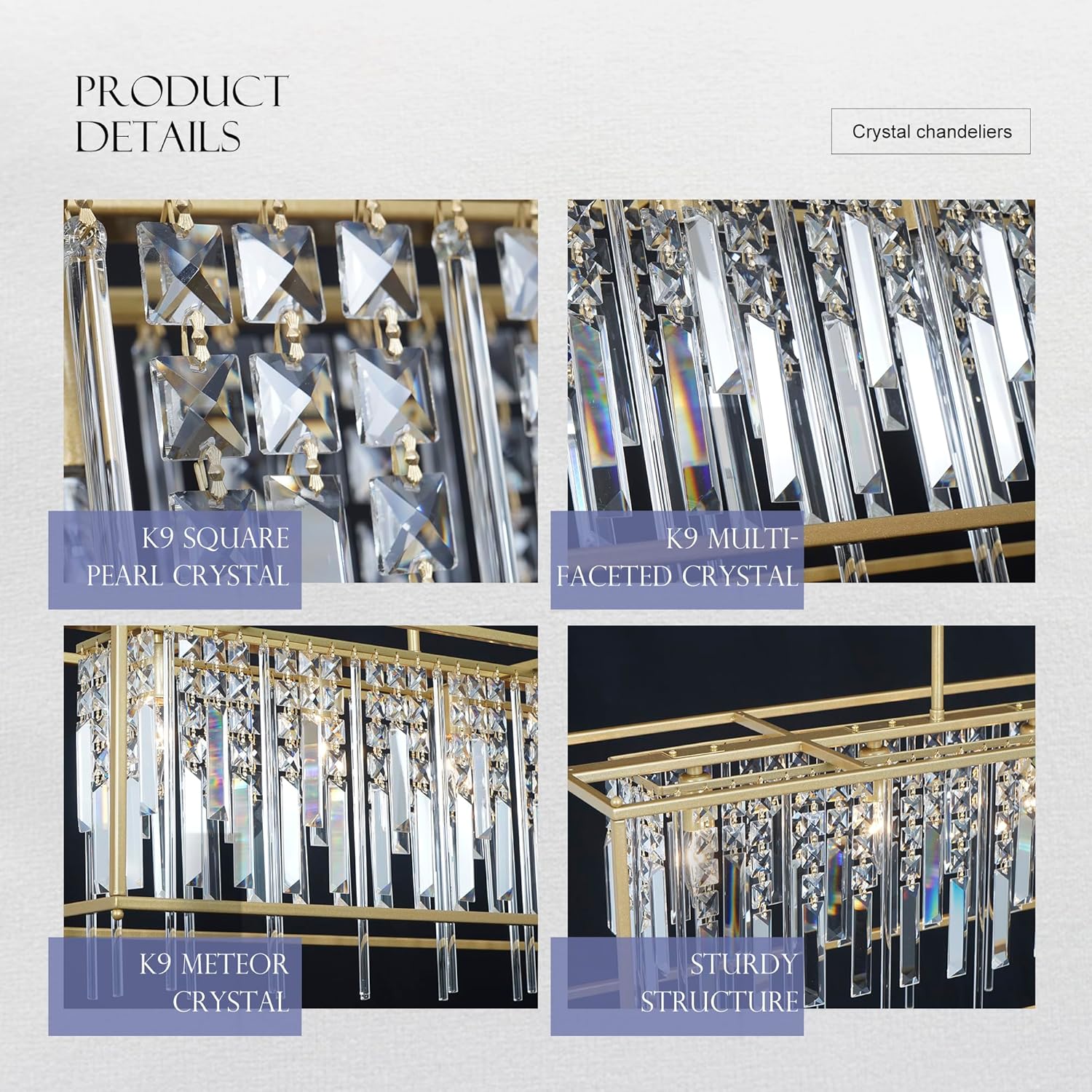 Modern Rectangular Crystal Chandelier Farmhouse Industrial Pendant Lights Fixture Rectangle Dimmable Hanging Lights for Kitchen Island Entryway 39 Inch 5-Lights Gold