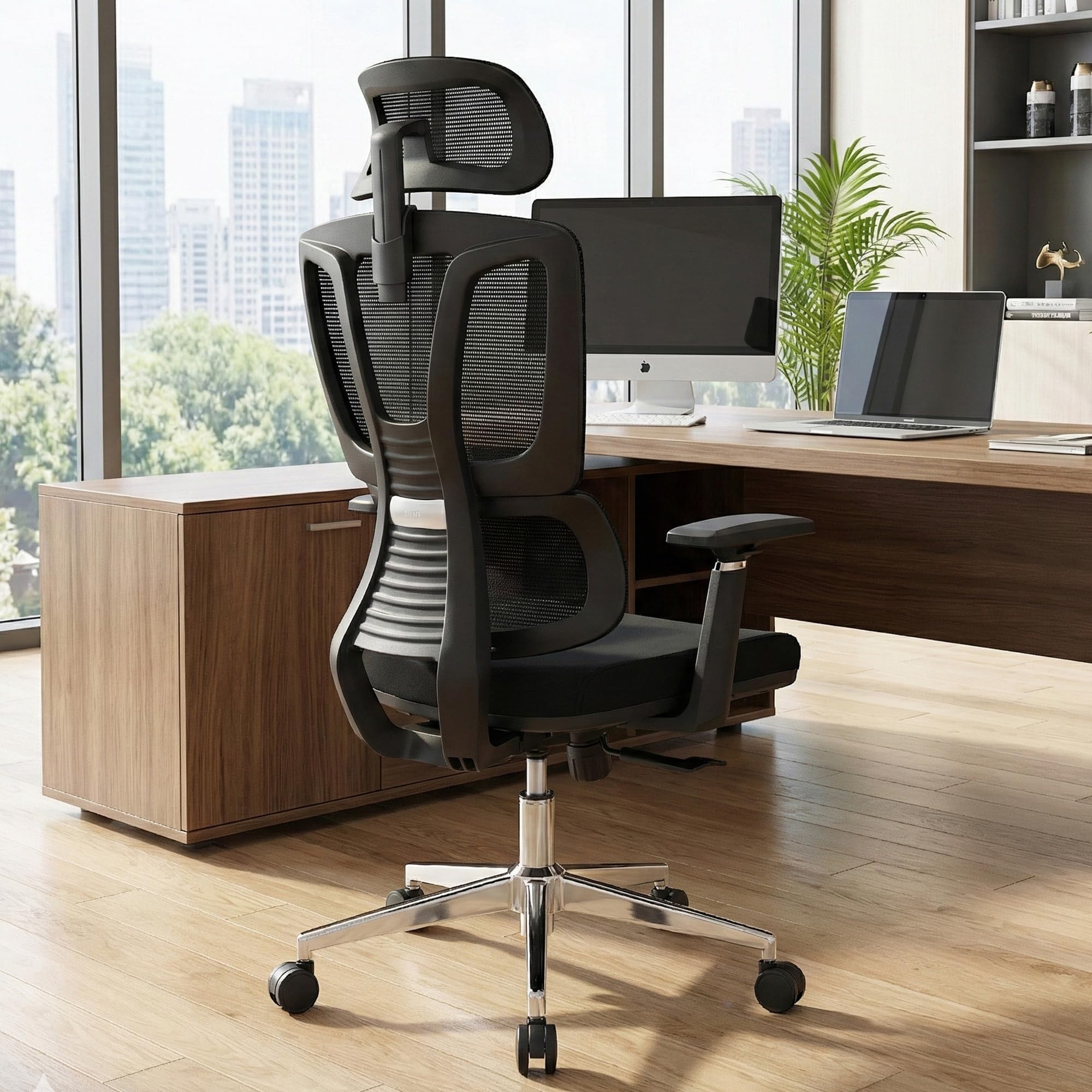 Bravo Ergonomic Mesh High Back Office Chair With Auto Adjustable Lumbar Support, 3D Armrests, Multi-Tilt Lock Mechanism & Strong Chrome Base - Black