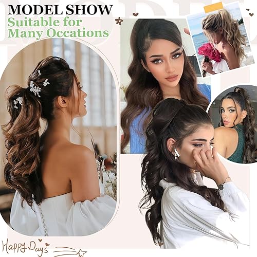 Miniatura 6 de Extensión de cola de caballo de 18 pulgadas de largo, rizado y ondulado, clip en aspecto natural, extensión de cabello sintético para mujer, mezcla