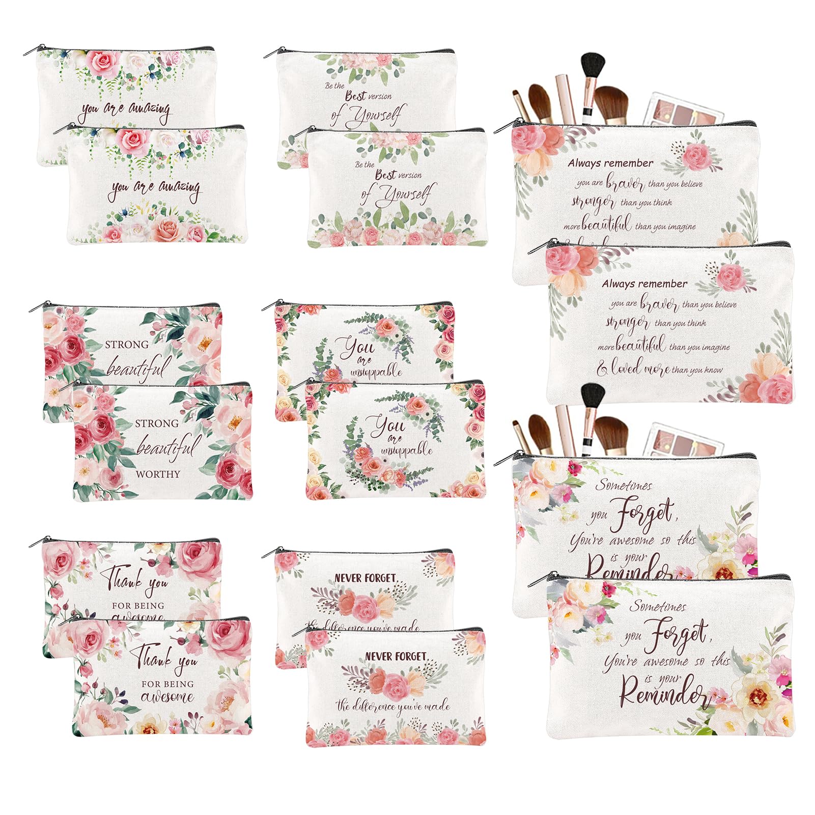 twinklemon 16PCS Canvas Cosmetic Bags Bulk Inspirational Quotes Makeup Bags for Women Encouragement Travel Pouch with Zipper Flower Cosmetic Pouch for