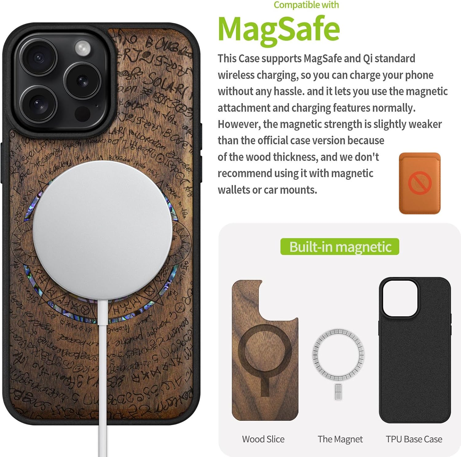 Carveit Magnetic Case for iPhone 16 Pro Max Case, Wood Artisan Engraved & Handmade Shell Inlaid, TPU Shockproof Cover, Compatible with MagSafe Wireless Chargers (Yin Yang and Octagonal Star) Walnut