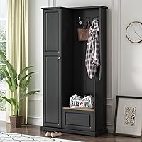 Vista 14 de Versátil árbol de pasillo 4 en 1 con 6 ganchos, práctico banco de entrada de nogal con estantes ajustables, zapatero de madera con 16 compartimentos