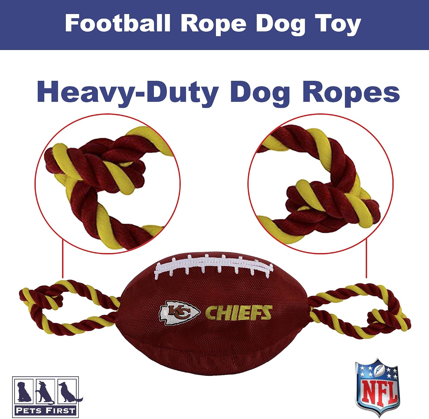 Pets First NFL Kansas City Chiefs Football Dog Toy, Tough Quality Nylon Materials, Strong Pull Ropes, Inner Squeaker, NFL Team Color image 5
