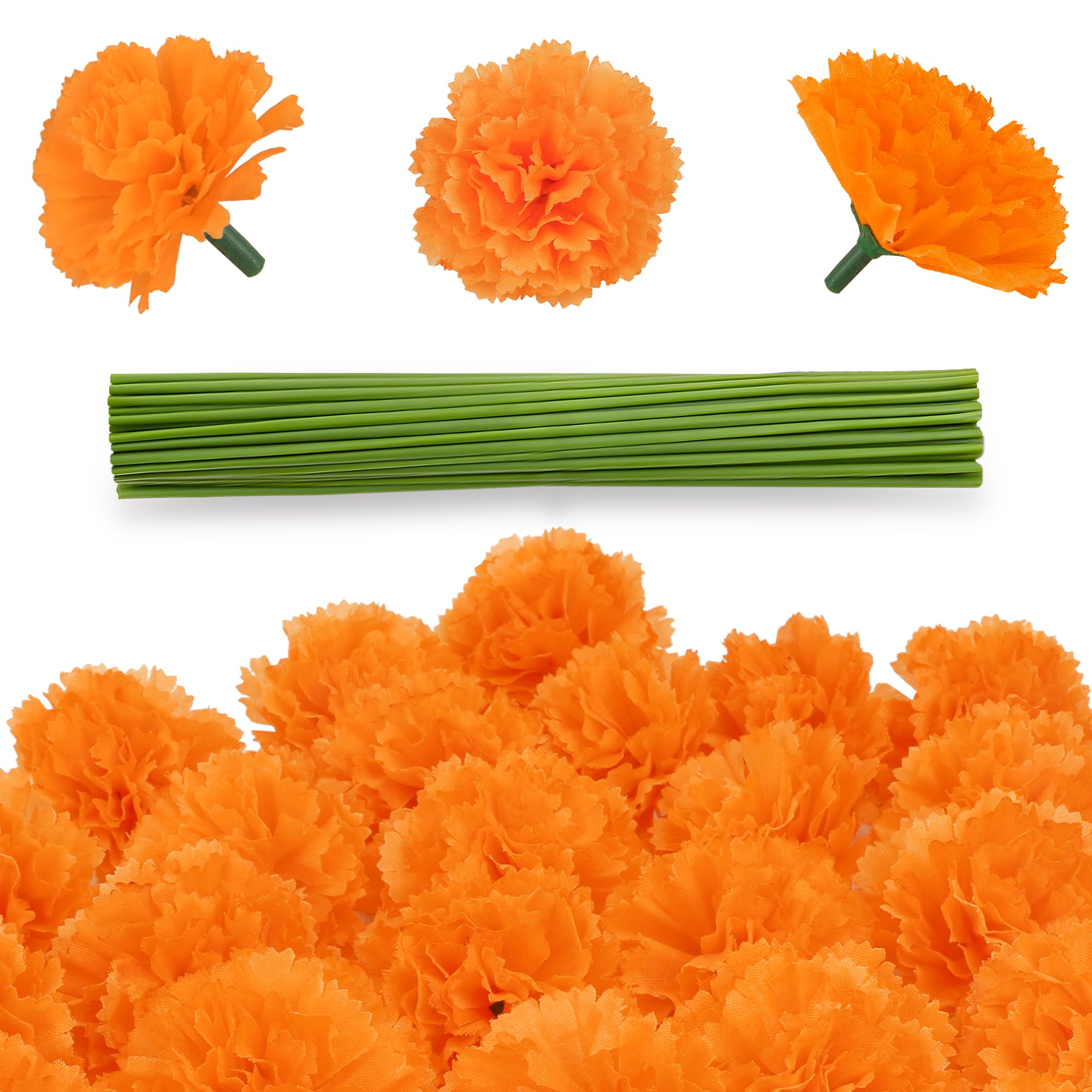 50 Pcs Artificial Marigold Flowers,2" Silk Marigold Flower Heads with Stems,Orange Flowers Artificial for Diwali Decor,Indian Wedding,Home,DIY Wreath Garland,Day of The Dead Decorations