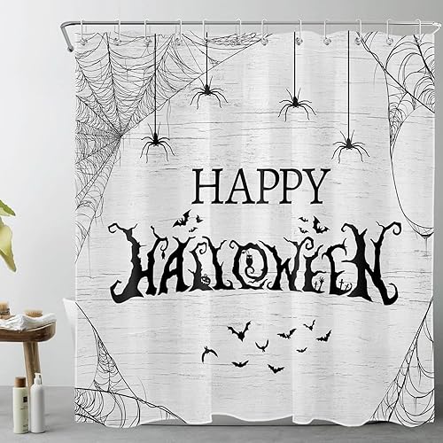 Miniatura 3 de LB Cortina de ducha de árbol muerto de terror y telaraña, cortina de ducha de baño, decoración de baño de Halloween, telón de fondo de madera con