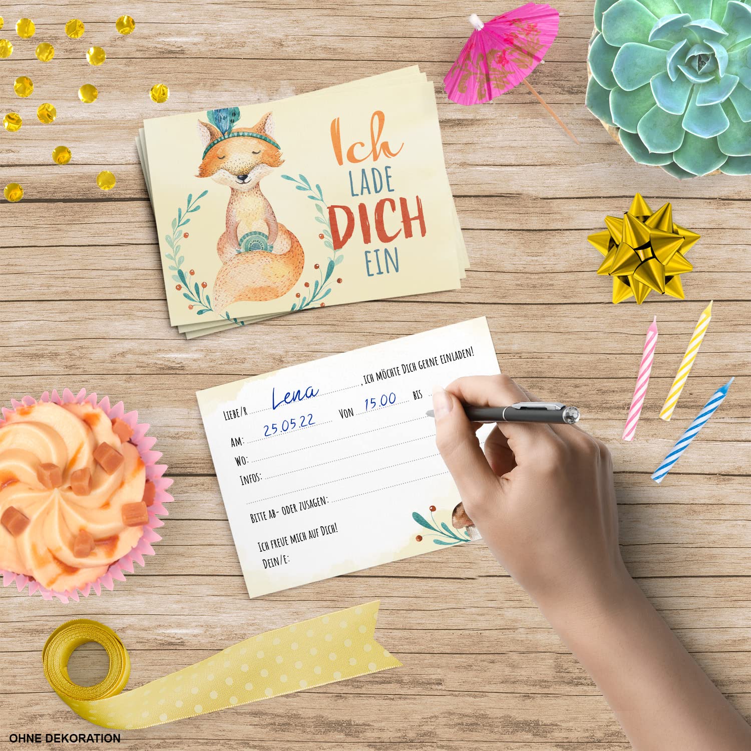 Kindergeburtstag Einladungsset – 8 Einladungskarten, Umschläge, Tüten & Aufkleber, Motiv: Bunte Sterne