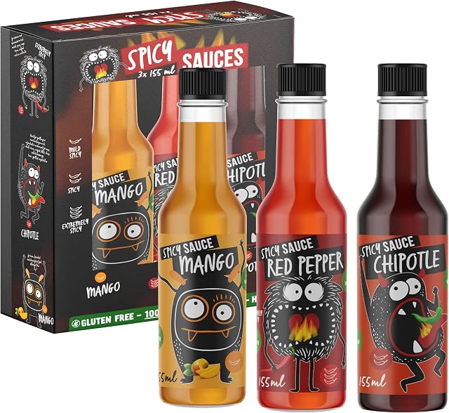 Zestaw 3 sosów do grillowania Spicy Sauces od łagodnego do bardzo ostrego sos chili, łagodny sos mango, pikantny sos z czerwonego papryki, ostry sos pieprzowy chipotle, zestaw upominkowy, dla fanów griller chili, 495 ml (butelka 3 x