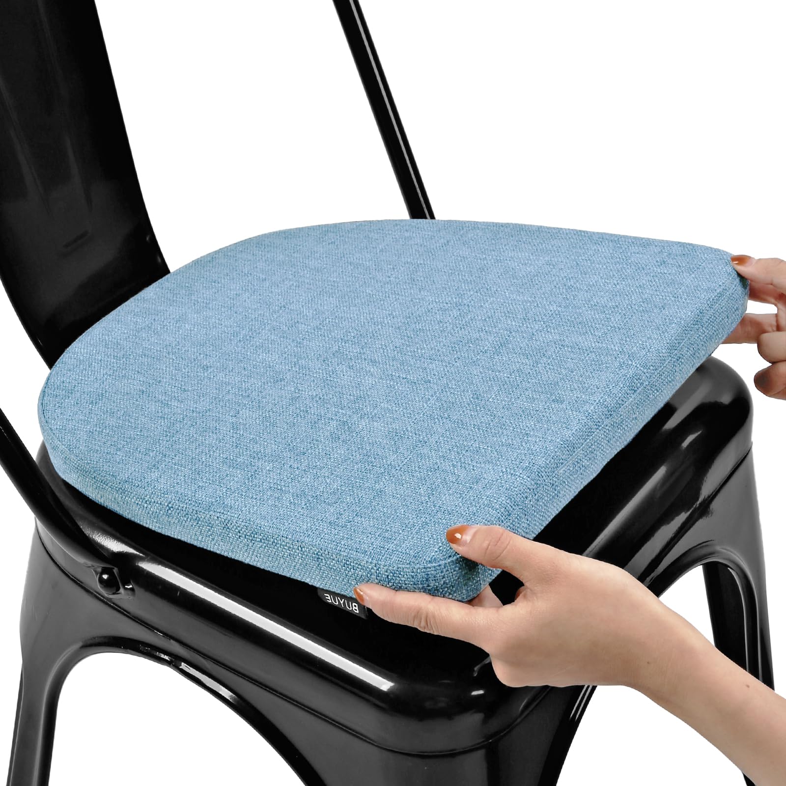 BUYUE Friendly Woven Fabric 14x14 Magnetic Cushion for Metal Chair 1 Piece, Enhanced Anti-Slip Seat Pad for Dining Kitchen Café Stackable Chair (U-Shape, Light Blue, 1 Count)