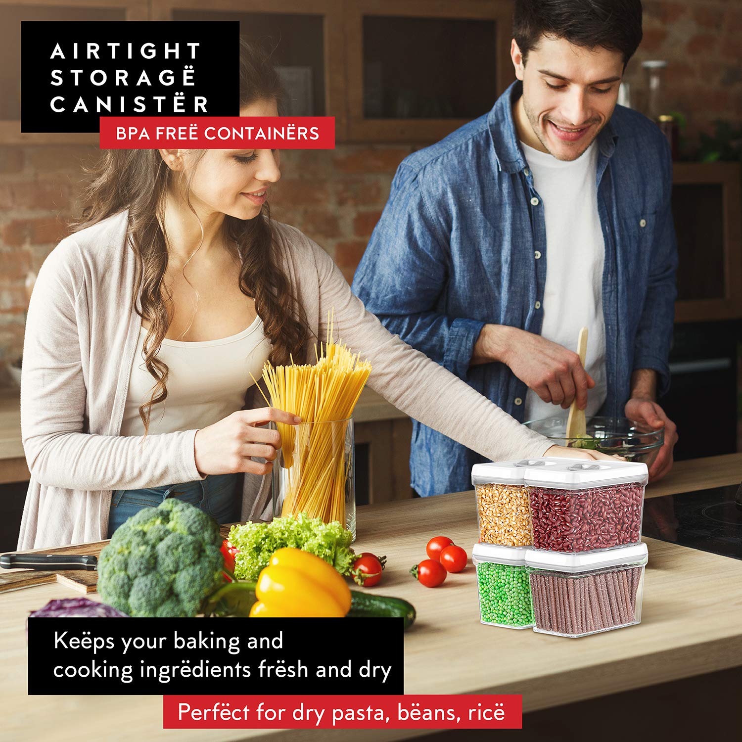 DWËLLZA KITCHEN Contenitori ermetici per alimenti, per dispensa, snack da cucina, forniture da forno, 1,8 kg zucchero e farina, set da 4 pezzi, tutte le stesse dimensioni, in plastica trasparente,
