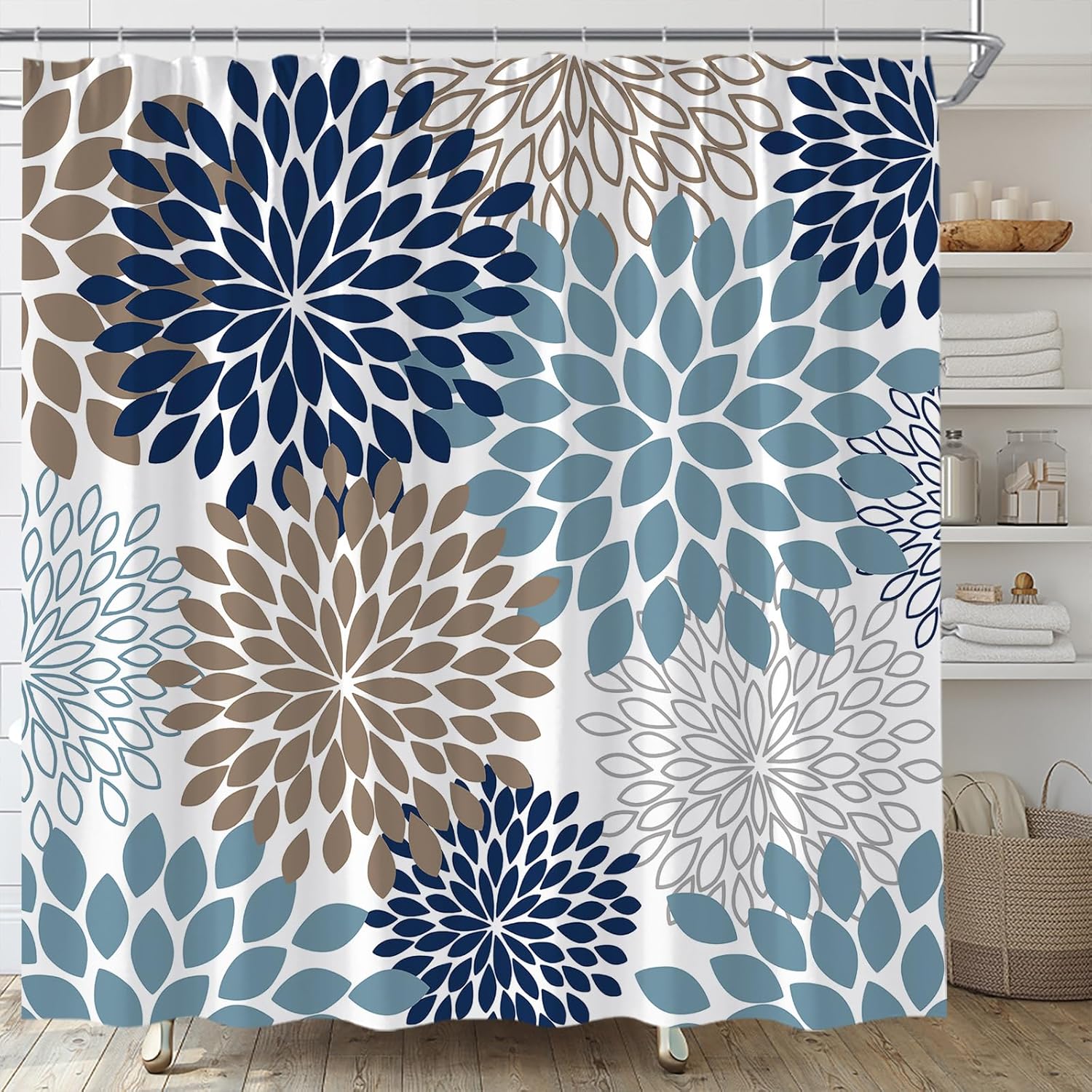 Dahlia Floral Shower Curtain Navy Blue Grey Brown Flowers Abstract Modern Chic Pinnata Simple Art Home Fabric Bathroom Decor Set Include Hooks,(70" Wx74.8 H)