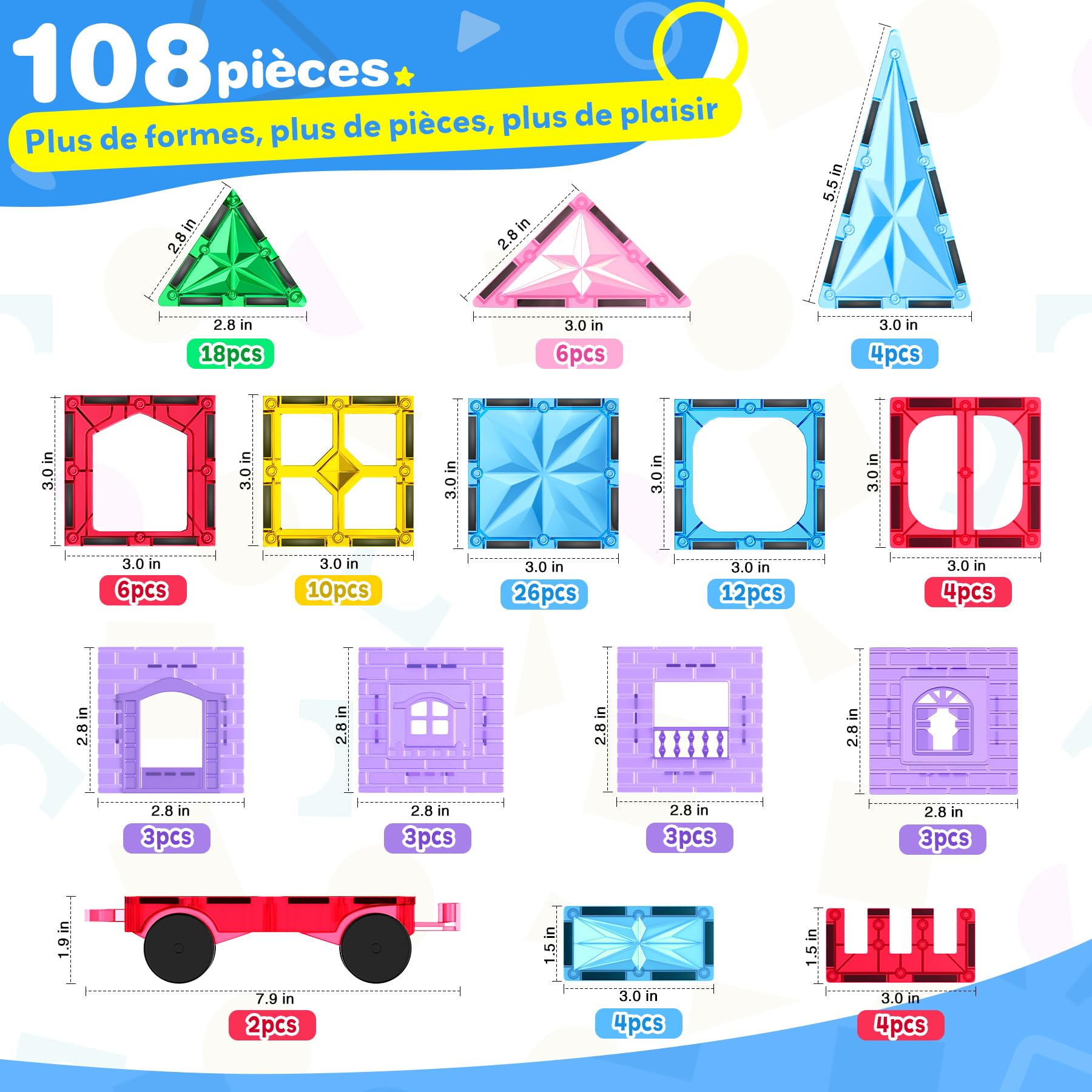 WOOBLO Bloc magnétique 108 pièces avec 2 Voitures, Jeu de Construction magnétique pour Enfants à partir de 3 Ans, Jouet créatif à aimants, Jouet Montessori, Cadeau pour garçons et Filles Amovible