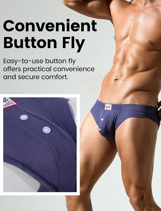 SEAUR Men Ribbed Bikini Briefs Breathable Pouch Underwear Sexy Low Rise Bulge Trunks Underpants with Button Fly