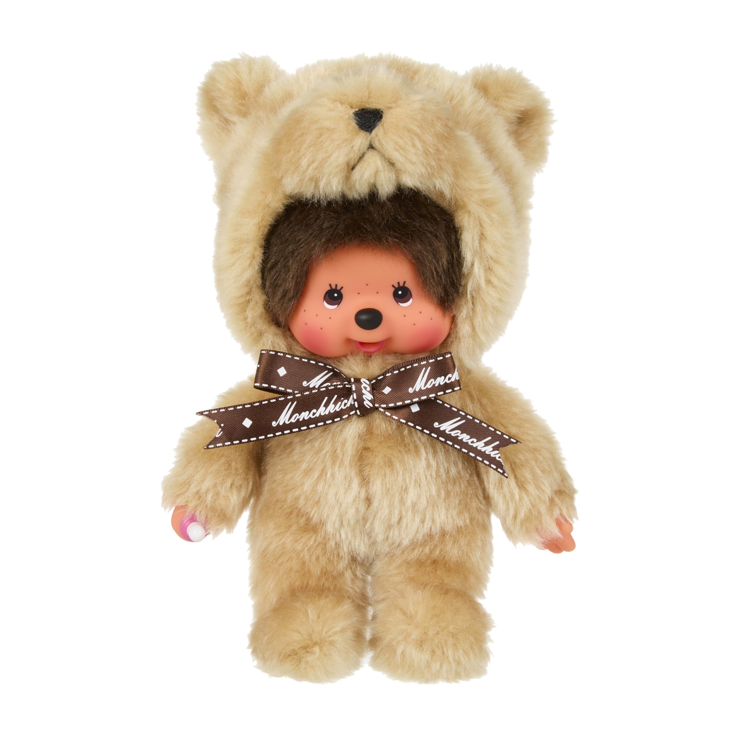 Monchhichi Animal Collection Teddy Bear Plush Toy – Soft Brown Bear Costume with Bow Detail – Cute Collectible Doll