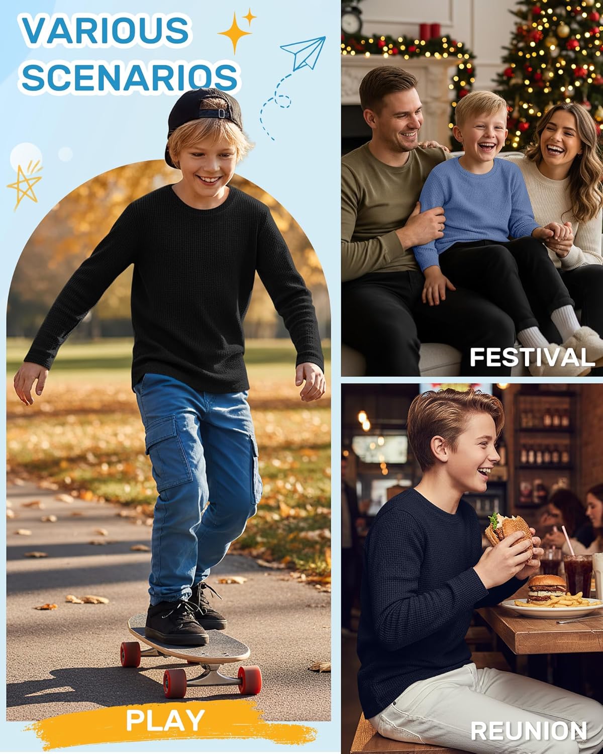 4 Pack Boys Long Sleeve Shirts Crewneck Kids Waffle Knit T Shirts Toddler Boy Thermal Casual Tops Tees 5-14 Years(Haze Blue, Navy Blue, Gray, Black,5-6 Years) - Image 2