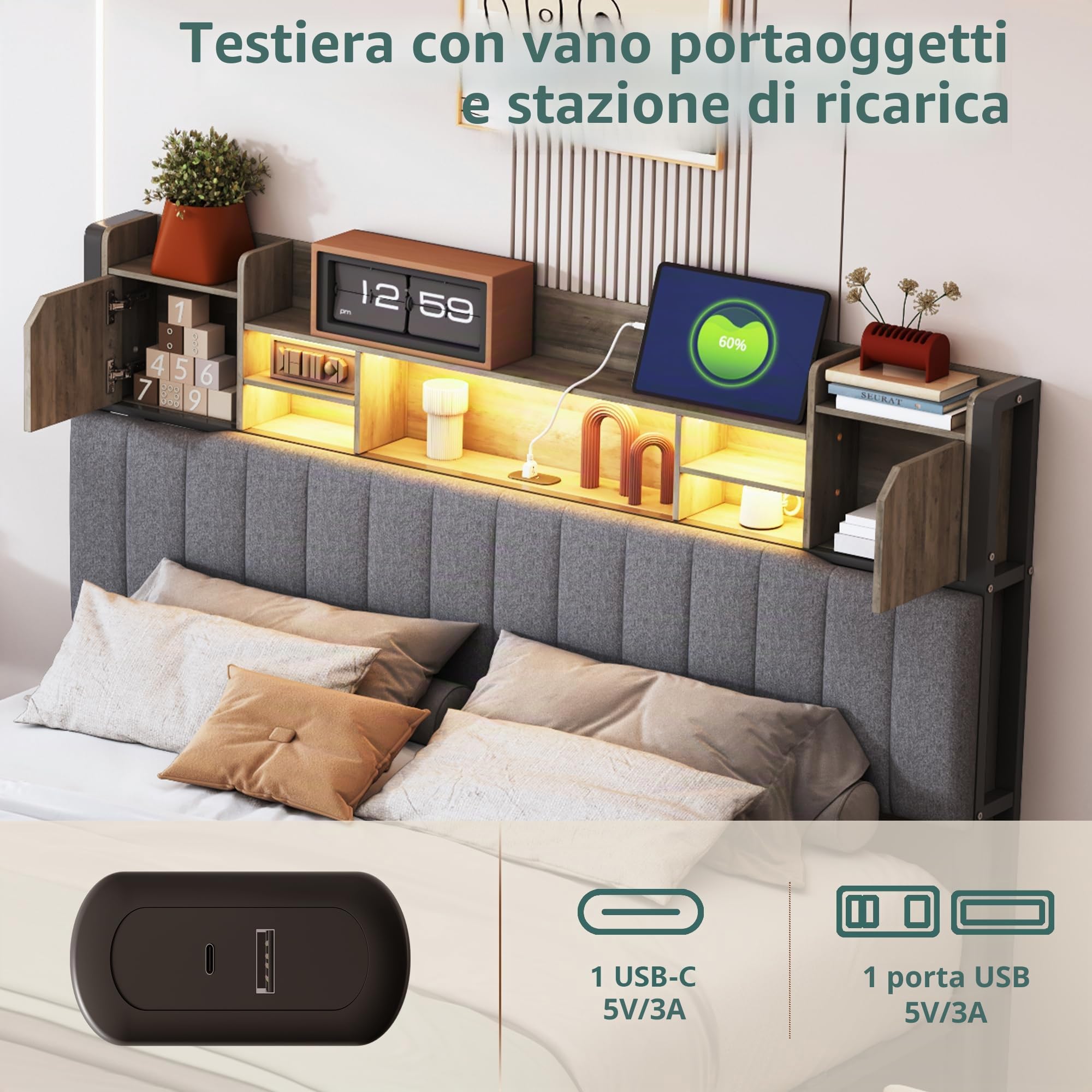 LIVLUX Letto 160 x 200 con Sommier LED e USB, Letto Matrimoniale Imbottito con Sommier a Doghe e 4 Cassetti, Testiera con Spazio di Archiviazione, 2 Posti per Adulti e Adolescenti, Lino (Grigio, 160 x