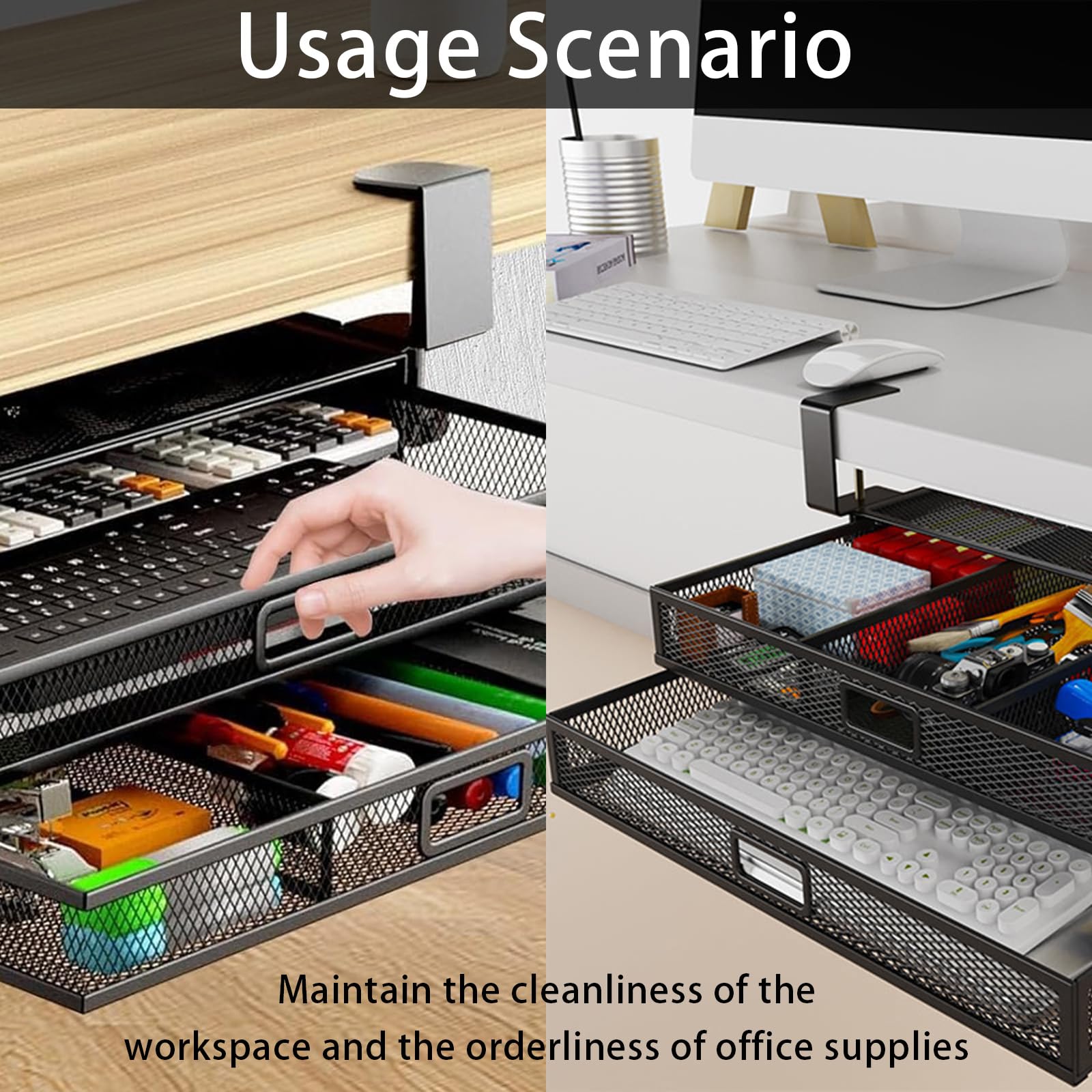 Cassetto Sottopiano, Cassetto Sotto la Scrivania a 2 Strati Cassetti Organizer da Scrivania Nascosto Senza Foratur Sotto Scrivania per Ufficio, Casa, Scuola