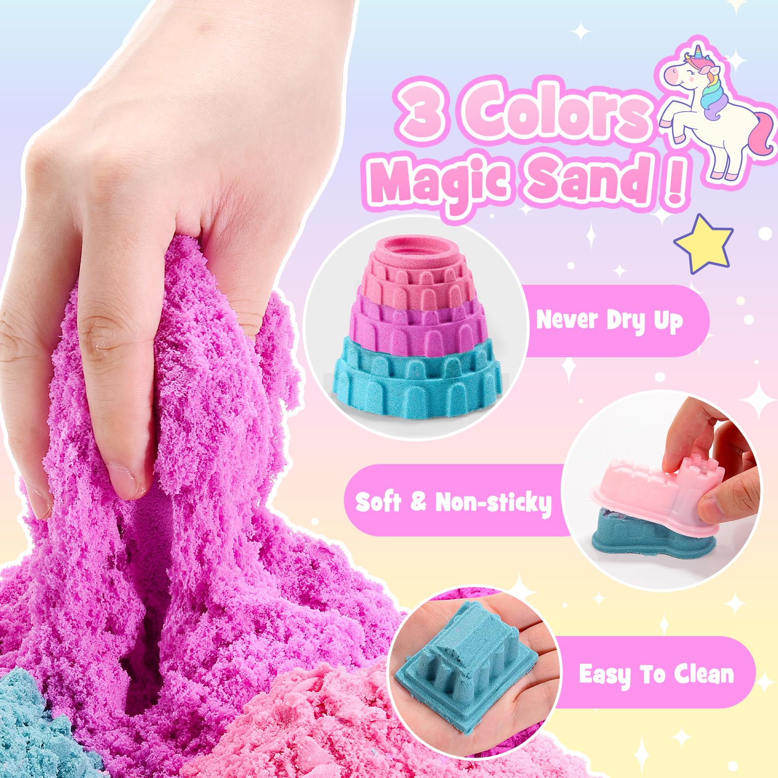 Geebiiny Sabbia Cinetica Bambini, Unicorno Bambina Regalo Giochi Bambina 3-10 anni Sabbia Magica Colorata Regalo Bambina 3 4 5 6 7 8 9 10 anni Sabbia per Sabbiera Bambini Giochi Unicorno