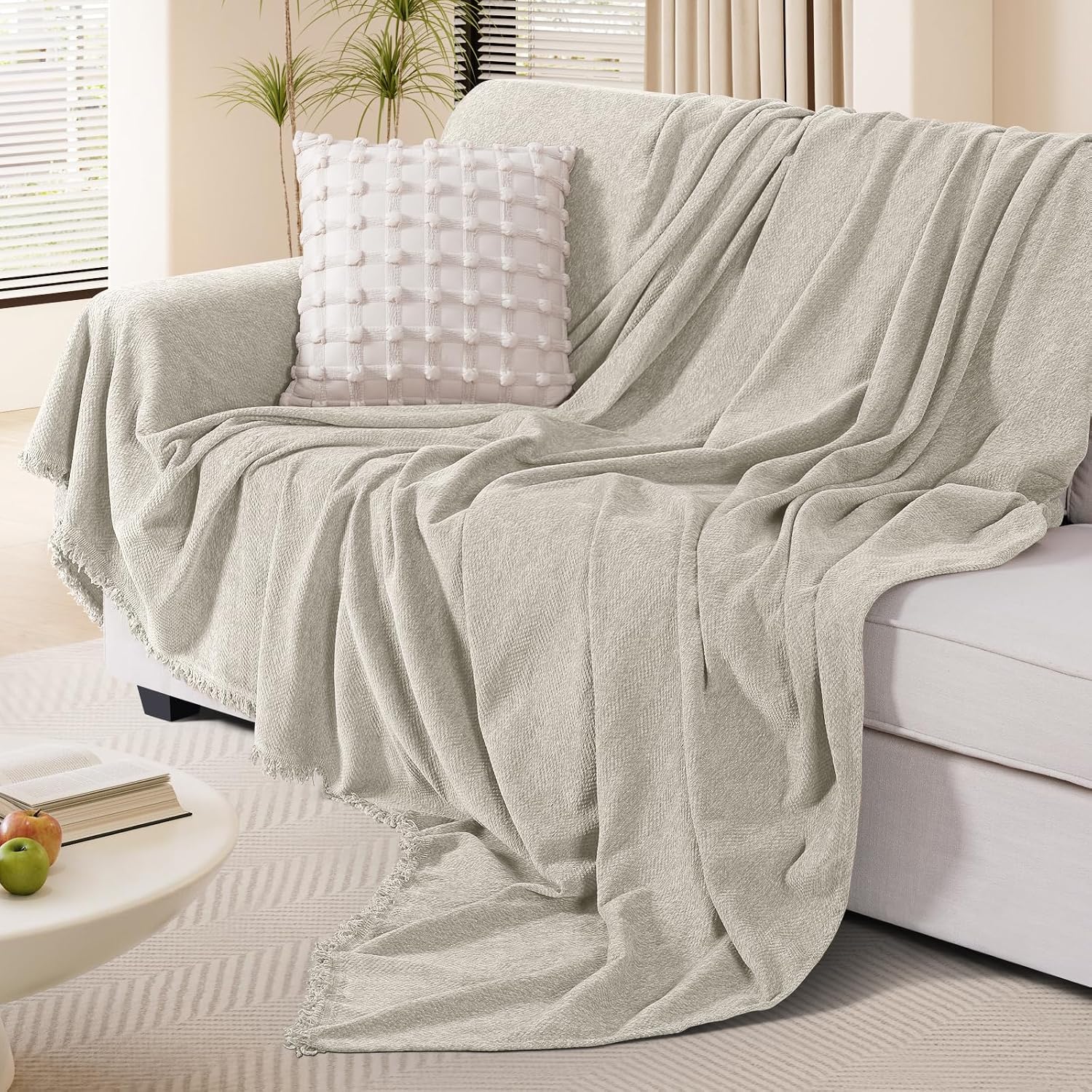 KinCam Couch Covers Washable Oversized Chair Cover Armchair Cover for Dogs Tassel Recliner Chair Sofa Cover Blanket Pet Friendly Soft and Durable for Most Furniture (71" x 71", Khaki)