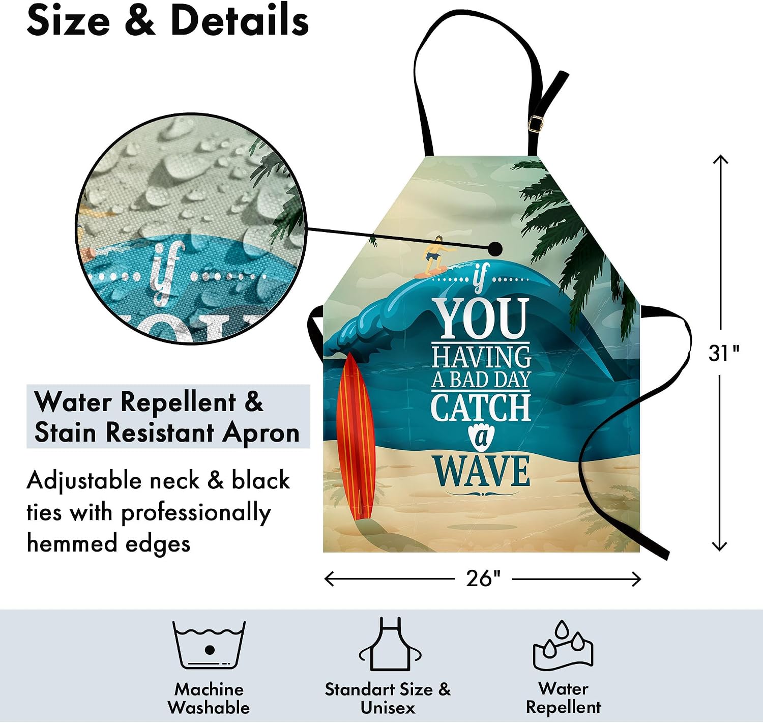 Lunarable Saying Apron, Surfing Themed Catch a Wave Slogan with Tropical Beach and Long Board, Unisex Kitchen Bib with Adjustable Neck for Cooking Gardening, Adult Size, Multicolor