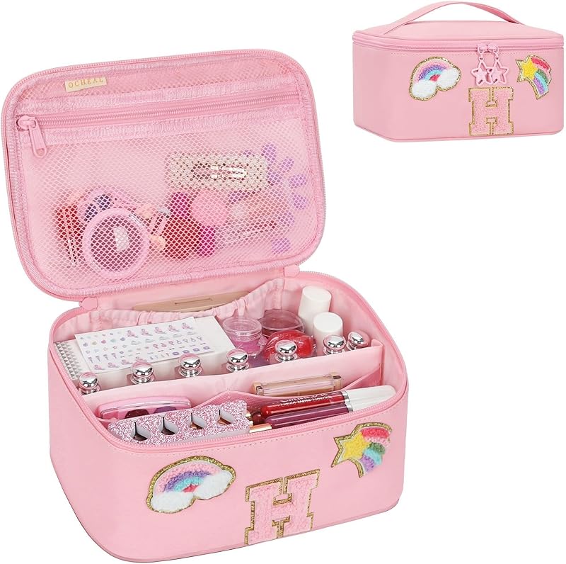 Necessaire de maquiagem OCHEAL rosa com estampa de arco-íris e letras, modelo H