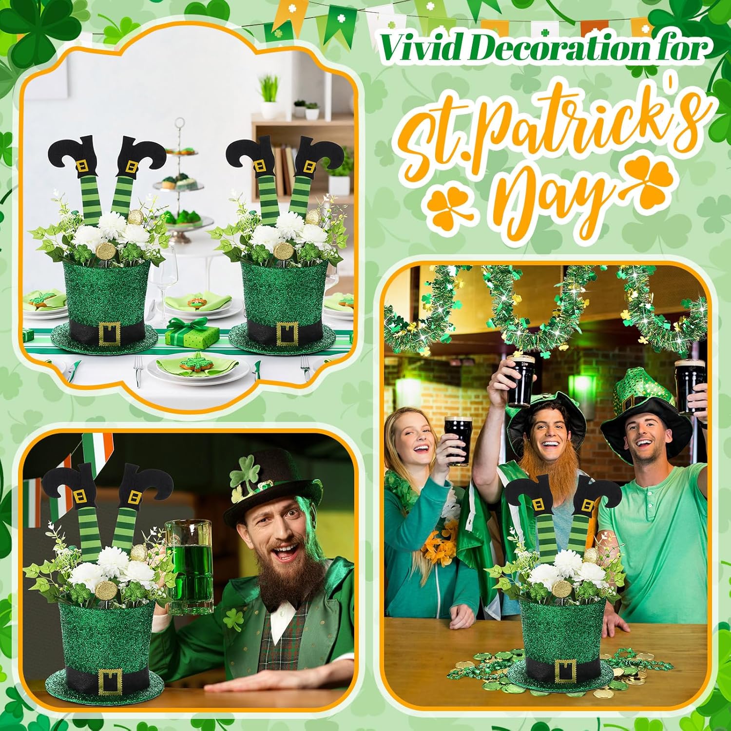 St. Patrick's Day Hat Flower Pot Set Irish Green Leprechaun Top Hat Shape Buckle Flower Arrangement Container Simulated Bouquet with Shamrock St. Patrick's Day (Matte Style)