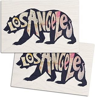 Los Angeles, Bear Typography, (4x6 Birch Wood Postcards, 2-Pack Stationary, Rustic Home Wall Decor)