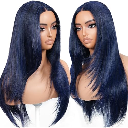 Dark Blue Wear and Go Glueless Wigs Pre Plucked Pre Cut for Beginners Synthetic Lace Front Wig for Woman Long layered Straight Wigs with Bangs 26 Inch 3 Seconds to Wear for Beginners