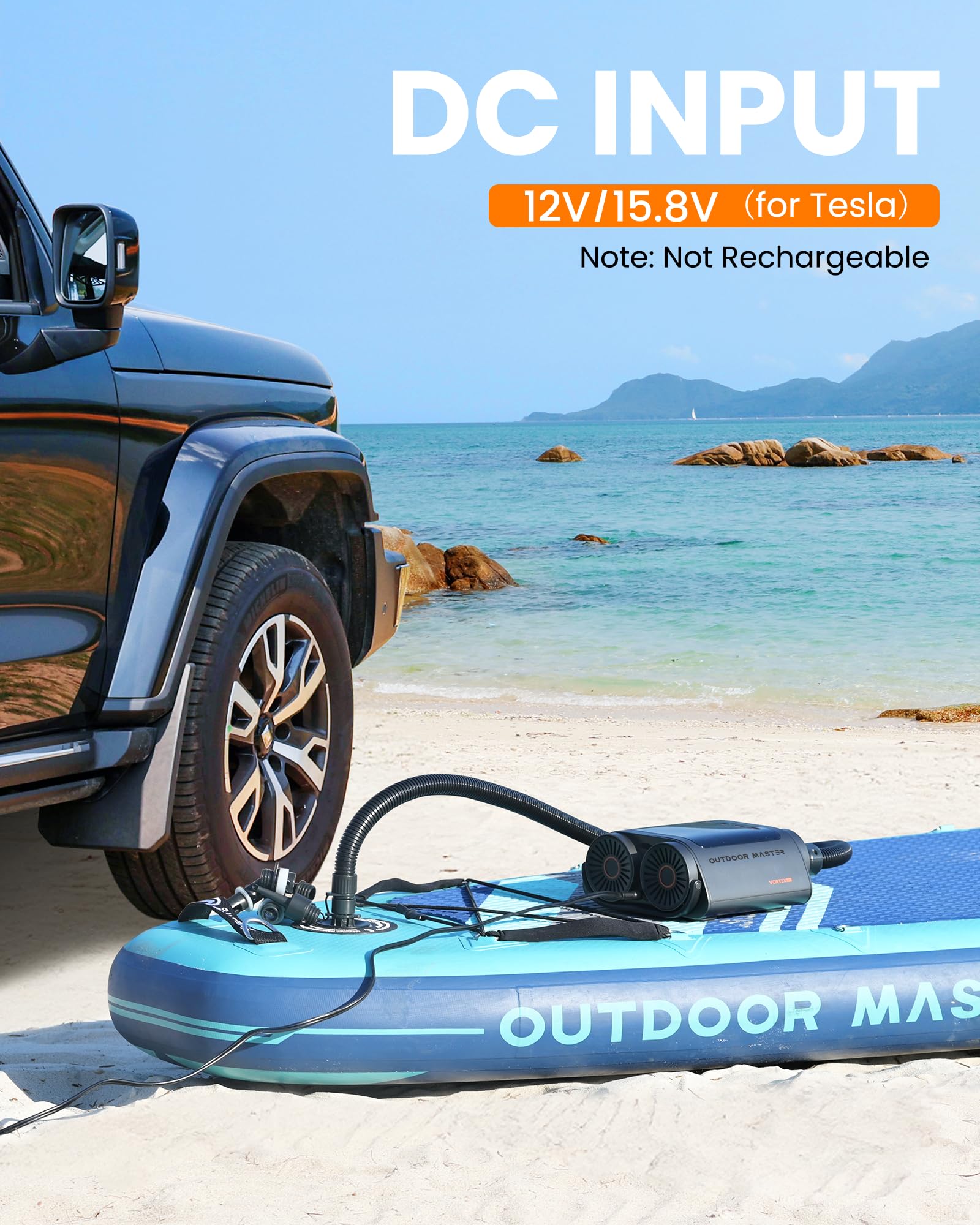 OutdoorMaster Vortex Bomba Eléctrica para Paddle Board Portátil, Máx 20PSI Inflador & Desinflador Bomba de Aire Electrica, Entrada DC 12V/15.8V, Apagado Automático & Refrigeración con 8 Boquillas