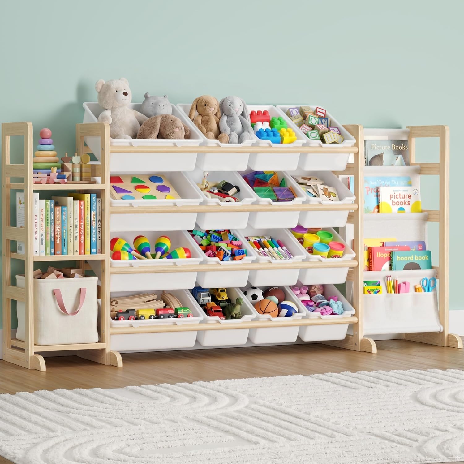 NUTIKAS Large Toy Storage Organizer with Bookshelf - 3 Shelves and 12 Bins Kids Solid Pine Wood Toy Organizer with 3 Tier Bookcase for Toddler, Playroom, Bedroom, Living Room, Nursery