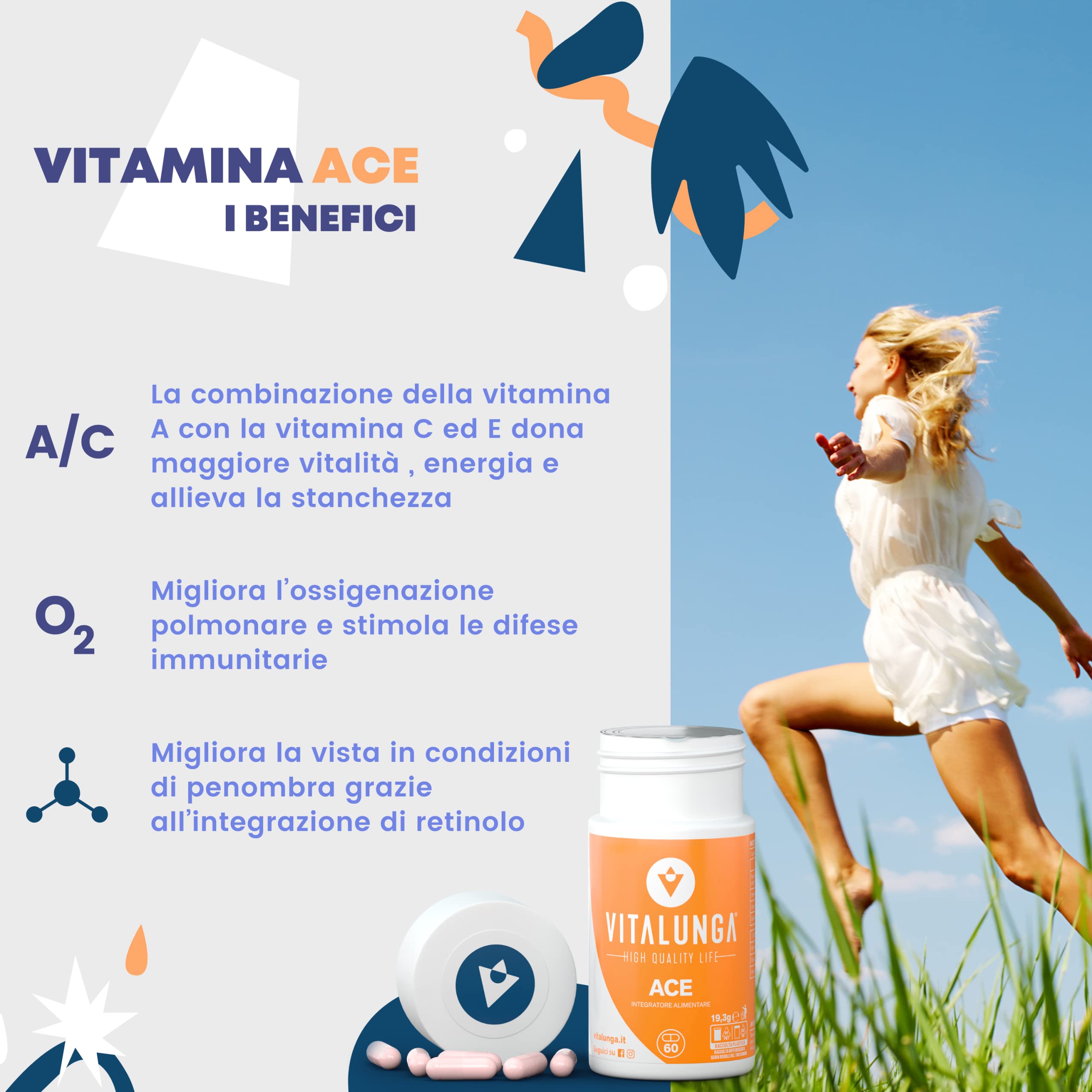 Vitamina A Pura Altissimo Dosaggio (1,2 mg) + Vitamina C e Vitamina E, Integratore Multivitaminico 60 Capsule Vegane per il Funzionamento di Vista, Vie Respiratorie e Sistema Immunitario, Vitalunga