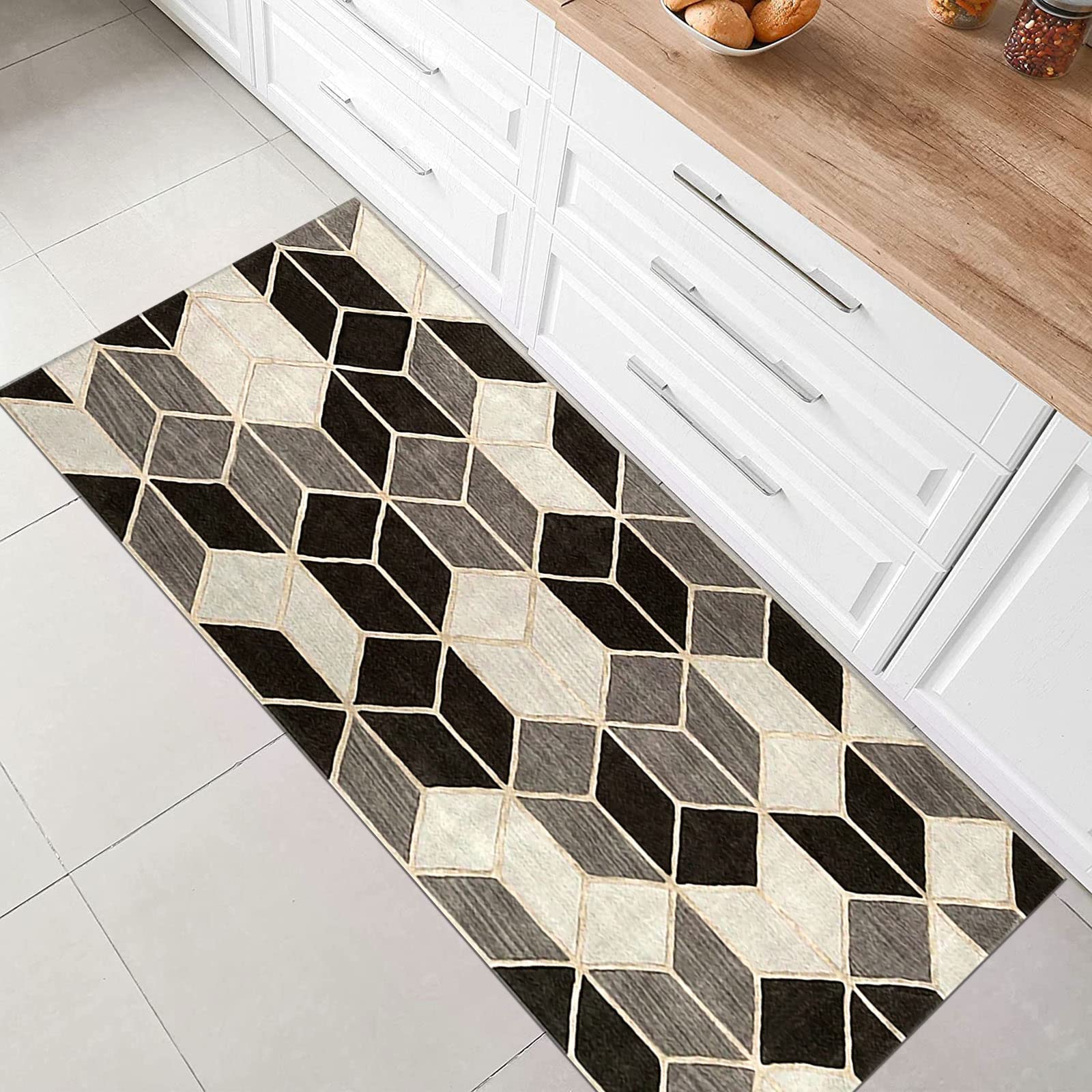 Tapis de couloir pour couloir et cuisine, antidérapant, lavable, motif géométrique moderne, patchwork à carreaux, tapis durable pour entrée et salon