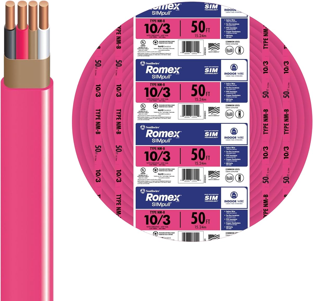 Cable eléctrico Southwire Romex SIMpull™ calibre 10, 3 conductores, 50 pies, NM-B, rosa, 63948522