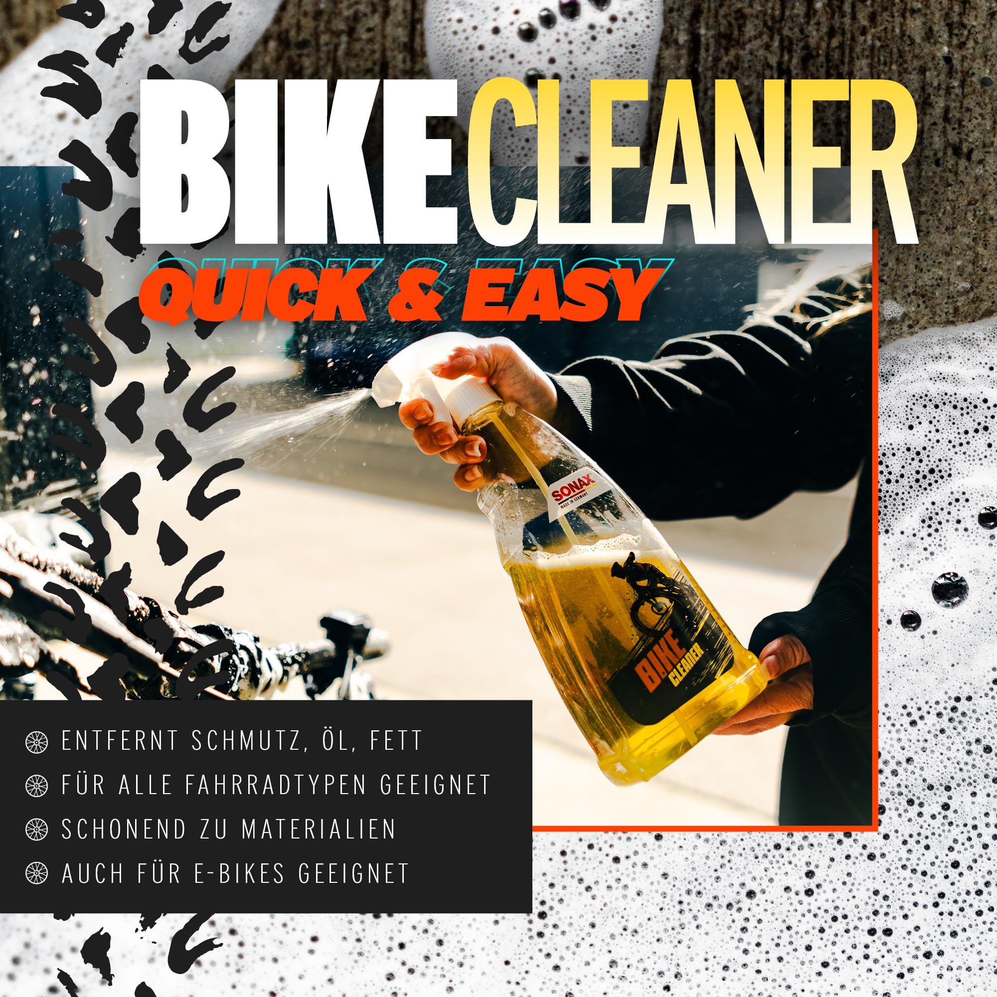 Sonax Bike Cleaner Kit de nettoyage pour vélo 1 l + spray de chaîne + brosse à chaîne + gant de lavage + chiffon sec | Kit d'entretien pour vélo électrique, VTT, vélo de route