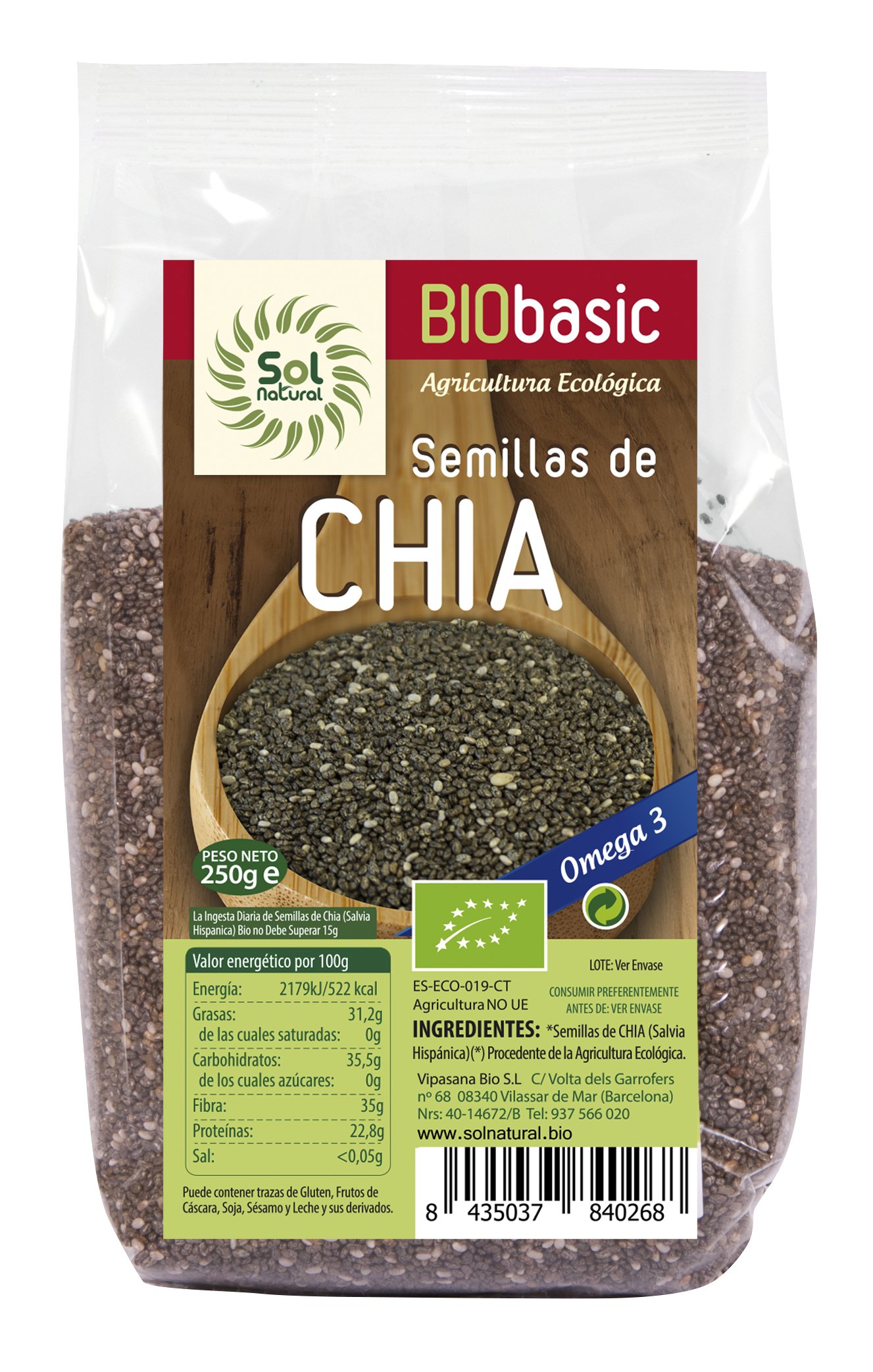 Sol Natural Semillas de Chía 50 x 250 g Paquete 12.5 kg