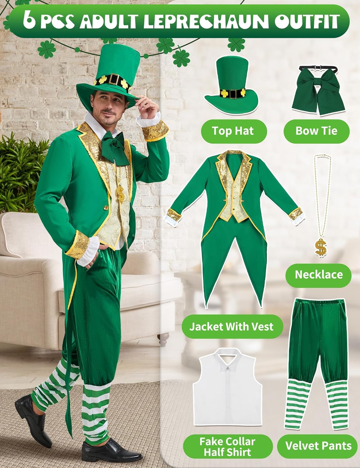Leprechaun Costume Men 6PCS St Patricks Day Outfit Adult St Patty's Suit Mens Saint Irish Lucky Charms Halloween - Image 5
